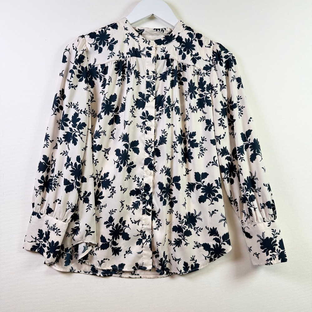 ANN TAYLOR Cream Navy Blue Floral Button Down Blouse Top MP